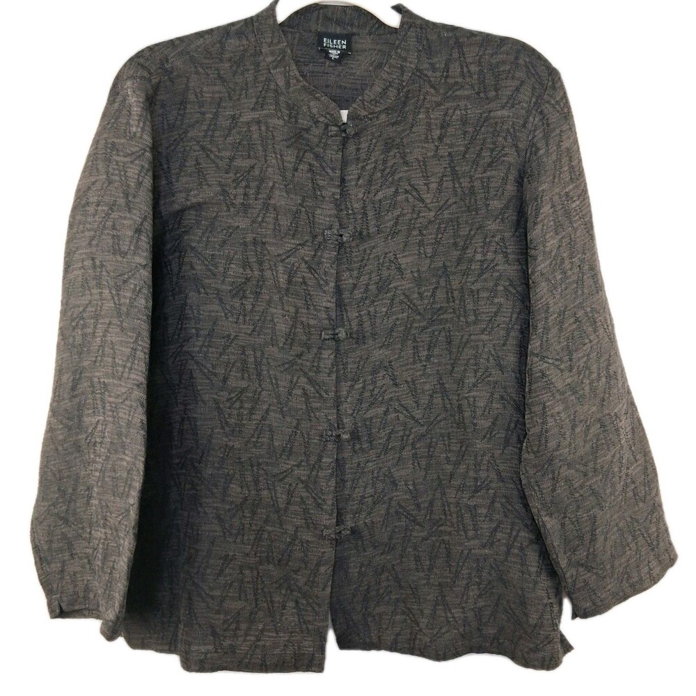 Eileen Fisher Linen Blend Toggle Jacket Mandarin Collar Textured Lagenlook